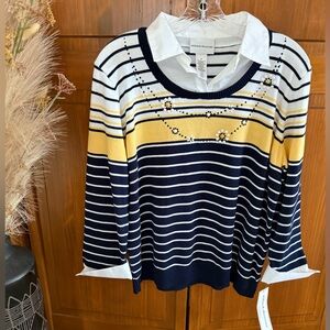 Alfred Dunner Block Island Striped Two In One Collared Sweater